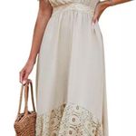 Cupshe Women's Neutral V-Neck Ruffled Sleeve Lace Hem Midi Beach Dress Small Photo 0