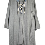 Umgee ‎ Heather Gray Striped & Solid Grommet Lace Tie Up Knit Tunic Dress L Photo 0
