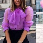 ZARA SEMI-SHEER ORGANZA BLOUSE TOP W/ BOW TIE PUFF SLEEVE PURPLE COLOR NEW Photo 1