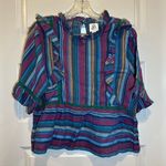 dRA Blue/Purple Striped Short Sleeve Ruffle Accent Blouse size M Size M Photo 0