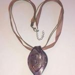 Purple & Gold Tone Shimmer Swirl Glass Pendant Ribbon Chain Boho Necklace Photo 0