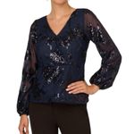 Adrianna Papell  Midnight Navy Floral Sequins Top size 2 Long Sleeves Evening NWT Photo 0
