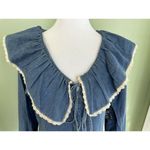 At Last Vtg Denim Shirt Big Lace Collar Cottagecore Cowgirl Granola Girl Lace Up Sz L M‍ Photo 1