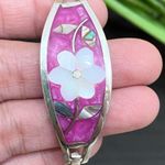 Vintage Alpaca Mexico Mexican Silver Mother of Pearl Inlaid ID Cuff Bracelet Photo 9