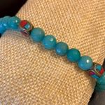 Faceted Jade Bead Bracelet w Bronze Accent Beads w Coral & Turquoise Inlay Photo 5