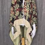 Oversized poncho floal scroll design fringe sweatshirt sweater xs Green Photo 0