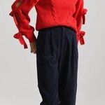 Molly Bracken  Holiday Red Open Slit Bow Trim Sleeve Cable Knit Sweater Medium Photo 0