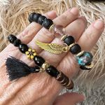 Beaded Angel Wing Bracelet Duo Set Black Photo 1