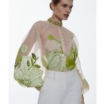 Karen Millen  Organdie Applique Buttoned Sheer Long Sleeve Sequined Blouse 4 Photo 1