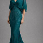 Badgley Mischka  Teal Silk Sequin Evening Gown Size 14 Draped Cape Formal Photo 0