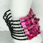 Wide Black and Pink Shell Beaded Wire Cuff Bracelet Photo 10