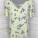 SO  Heritage Floral Lace Up V Neck Short Sleeve Blouse Yellow Blue Small Photo 0