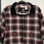 Basic Editions Holiday Women’s Plaid Button Up Shirt Embroidered Wreaths XL Red Photo 1