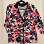 MARINA LUNA BRAND BLACK PINK PURPLE FLORAL LIGHT WEIGHT SWEATER WITH BLACK LACE Size L Photo 0