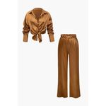 Micas  Satin Button Up Long Sleeve Shirt And Pants Set Casual Elegant Coffee L Photo 1