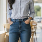 L.L.BEAN Womens Long sleeve Collared Button Up Blouse Shirt White/Blue Plaid XS White Photo 0