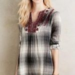 Anthropologie Floreat Plaid Embroidered Longline Tunic Top | Black/White | XS Photo 2