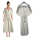 World Market Mira Ivory Floral Embroidered Kaftan Dress Flowy Boho Small Medium Photo 1