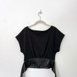 Anthropologie [] Black Faux Leather Tie Waist Short Sleeve V-Neck Top Sz Small S Photo 5