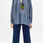 ZARA NEW Linen denim puffy sleeves Pompom XS Photo 0