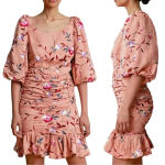 ByTimo Ruched Floral Embroidered Jacquard Dress Balloon Sleeves Coral Size XS Pink Photo 13