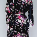 Silky Satin Robe Floral Pattern Kimono Short Black Size Small Photo 1