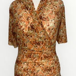 Reba  Orange Print Faux Wrap Scrunched Side Stretch Knit Short Sleeve Blouse Med Photo 0
