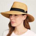 Vince Camuto Women's Tan Wide Brim Sun Hat OS Black Band Gold V Packable Resort Photo 0