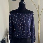 Arizona Women’s Long Sleeve Off the Shoulder Navy Floral Peasant Top Size Small Photo 0