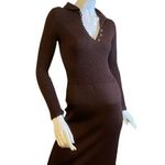 Vintage 60s Goldworm Knit Ribbed Crochet MIDI Chocolate Brown Sweater Dress XS Photo 0