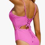 Souqfone Sexy One Piece Monokini Swimsuits Scoop Neck Front Cutout Back Lace Up Photo 2