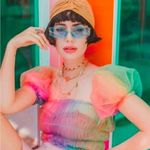 Lirika Matoshi Off Shoulder Rainbow Sheer Puff Sleeve Top Women’s Size Small Pink Photo 0