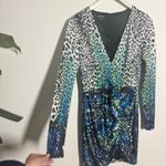 Bebe  Dress Women M Blue Leopard Lace Trim Long Sleeve Y2K Going Out Club Ruched Photo 3