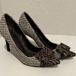Tory Burch Cleo Tweed and Silk Bow High Heel Pump Brown Navy Leopard Size 7 Photo 0