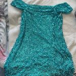 Lulus Glittering Nights Aqua Blue Sequin Off-the-Shoulder Mini Dress Photo 1