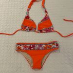 Hand made women small neon orange halter bikini set and bottom quilted stitching Photo 0