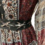 Hommage Women's Patchwork Long Sleeve Mini Dress Size Medium Red Black Tan Photo 3