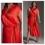 Anthropologie  Maeve Open-Back Satin Wrap Midi Dress Orange Small Photo 11