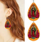 Rose Flower Virgin Mary Print‎ Teardrop Dangle Earrings Faux Leather Orange Photo 6