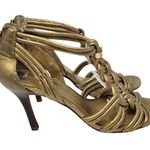 Tory Burch Constance Gold Strappy Sandal Braided Leather Stacked Wood Heel 7.5 M Photo 0