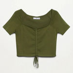 Mango  WOMEN Ruched Short‎ Sleeve Square Neck Cropped Tee - Size M - Green - NWT Photo 2