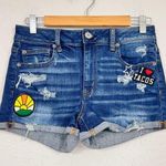 American Eagle  Blue Denim Patch Jean Shorts Womens 6 High Rise Shortie Festival Photo 0