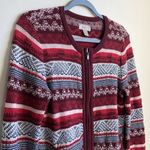 Loft  Escapade Full Zip Fair Isle Cotton Cardigan Sweater (Sz S) Red & White Photo 4