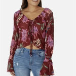 Free People Of Paradise Floral Tie Ruched V-Neck Button Long Sleeve Top M NWT Photo 1
