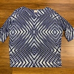Chico's Geometric Print Top Womens Medium Blue White Diamond Pattern 3/4 Blouse Photo 0