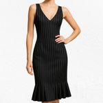 90s Vintage Black Pinstripe V Neck Ruffle Hem Bodycon Dress USA Made Size Medium Photo 1