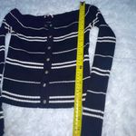 Lottie Moss PacSun off shoulder navy blue ripped striped button cardigan sweater Photo 5