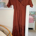 Polagram Smocked Crossover Wrap Chest Midi Dress in Brown Size Small Photo 1