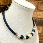 Vintage Braided leather and faux black and white pearl wrap necklace Photo 2