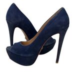Schutz Navy Suede Peep Toe Platform Heels Gold Tip Size 6B / EU 37 Photo 3